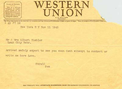 Siebler, Harold WWII coming home telegram Nov 11, 1945