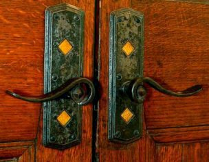 Double Escutcheon Bathroom Entry. Created by Ward Brinegar of Harmony Forge. 